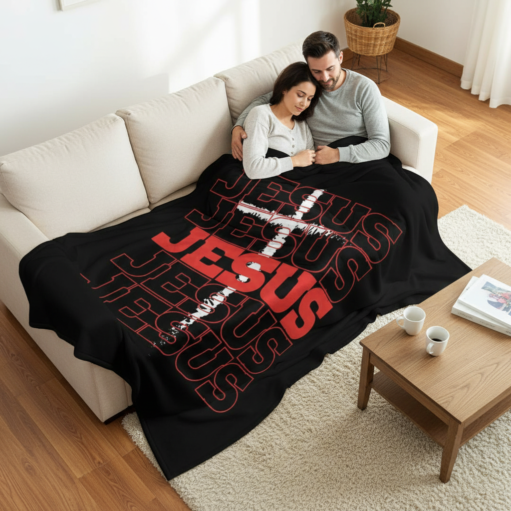 Jesus Cross Repeat Blanket Sofa Lifestyle