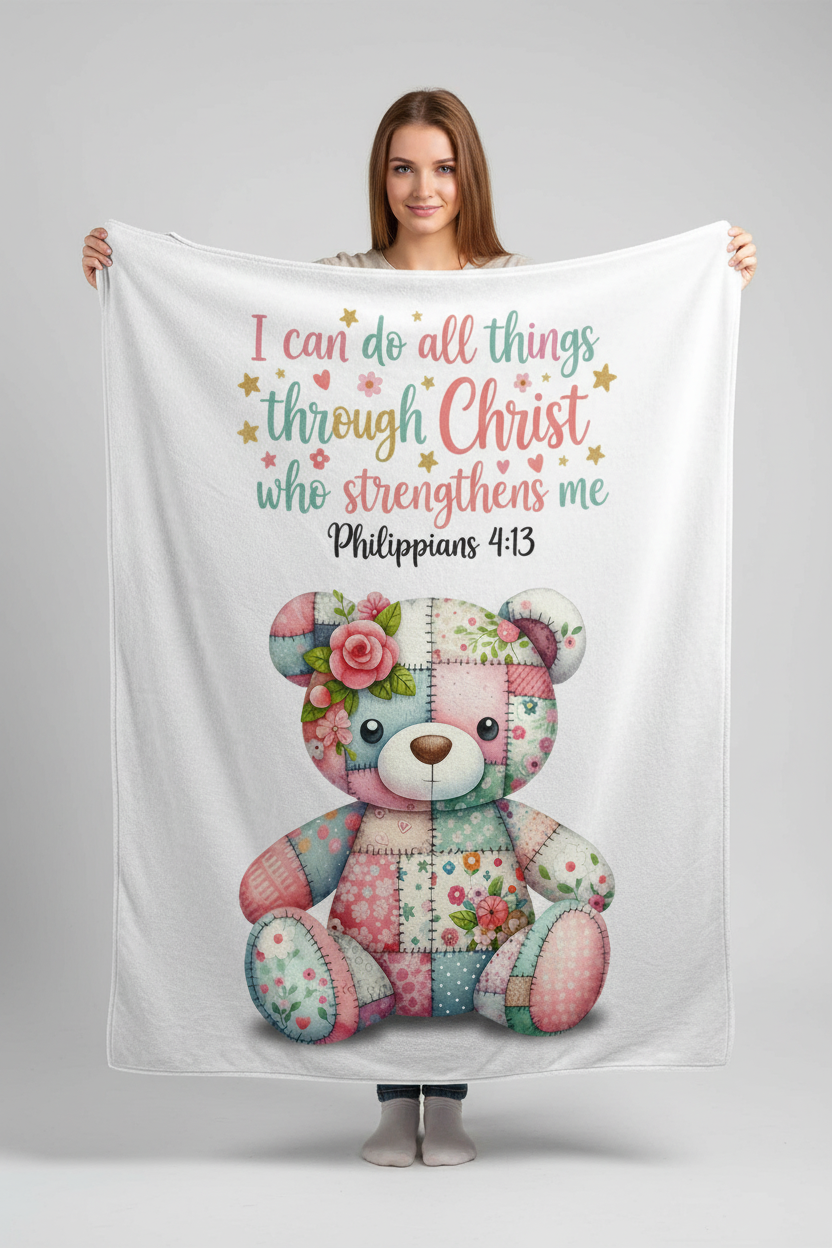 Pink Patchwork Bear Philippians 4:13 Blanket - Woman Holding