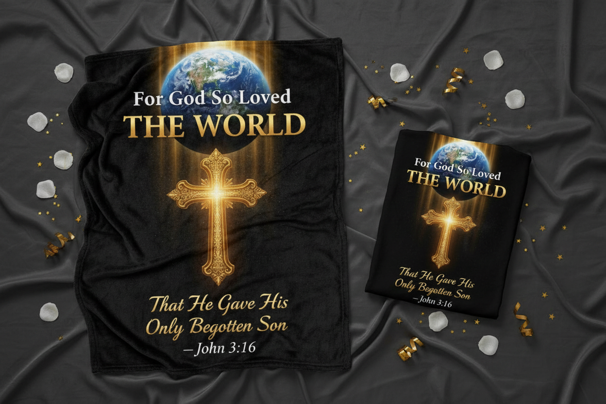 John 3:16 - Blanket & T-Shirt Flat Lay