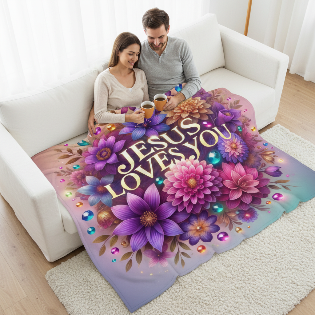 Jesus Loves You Blanket - Couple Overhead Lifestyle