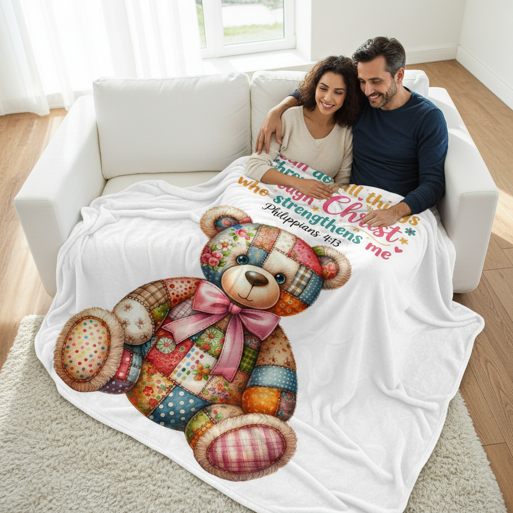 Patchwork Bear Philippians 4:13 Blanket - Couple Overhead Lifestyle