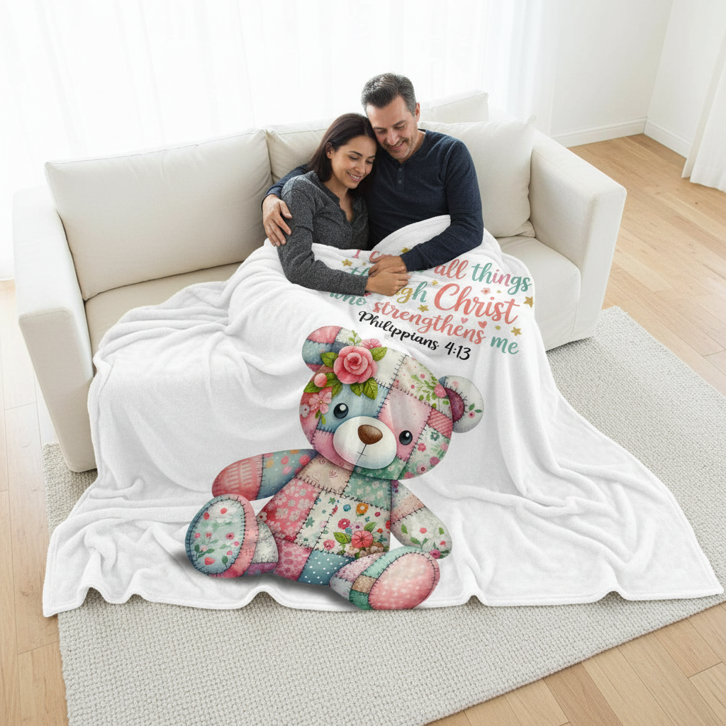 Pink Patchwork Bear Philippians 4:13 Blanket - Couple Overhead Lifestyle