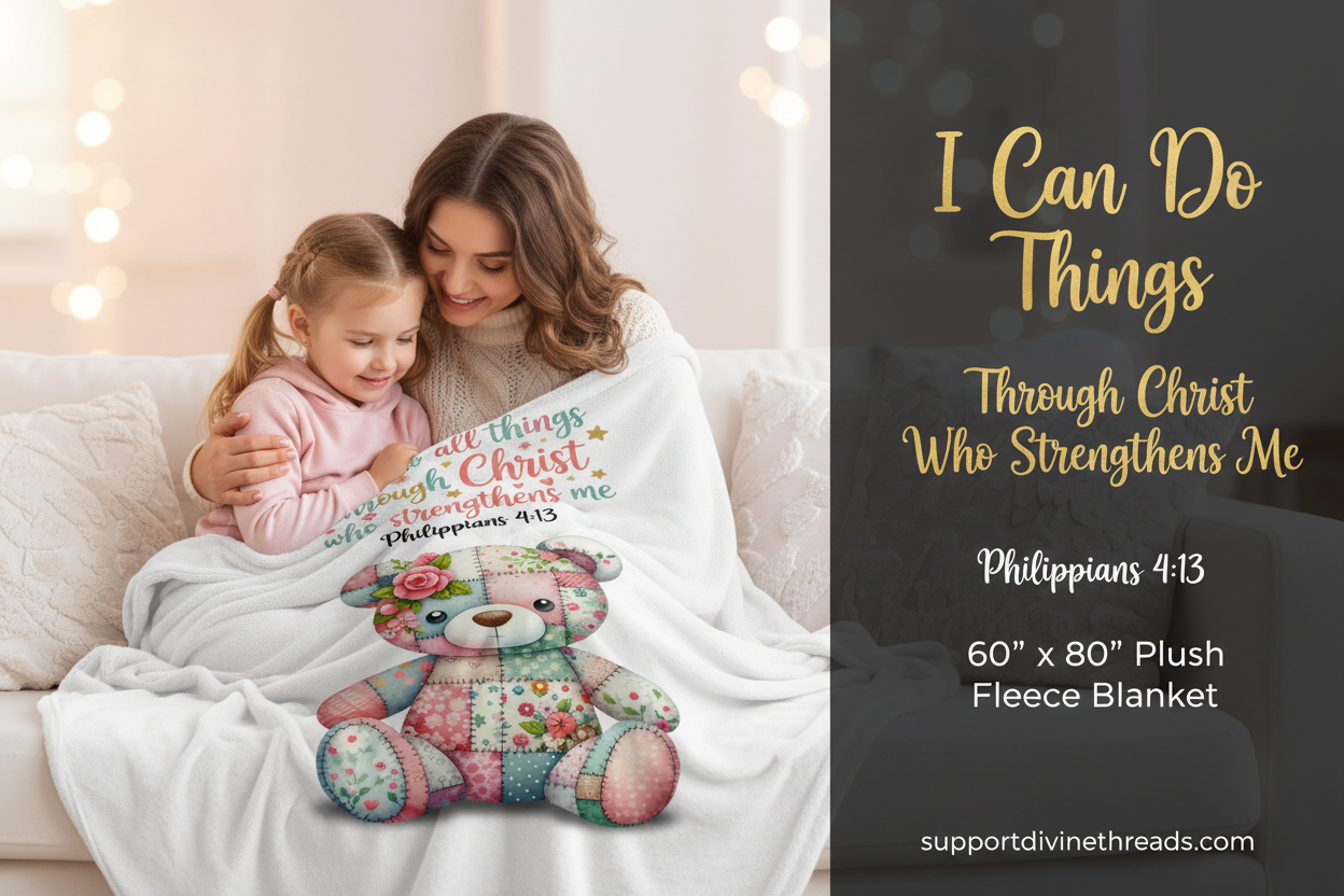Pink Patchwork Bear Philippians 4:13 Blanket - Hero Banner