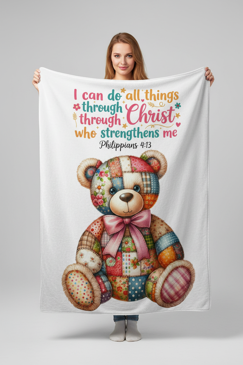 Patchwork Bear Philippians 4:13 Blanket - Woman Holding